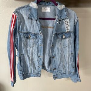 KanCan Light Blue Distressed Jean Jacket with Red Stripes